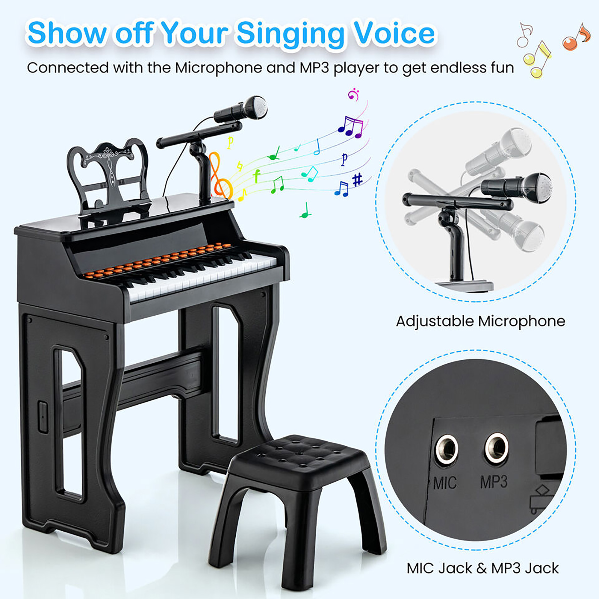 Gymax 37-Key Music Piano Keyboard Kids Learning Toy Instrument w/ Microphone Black