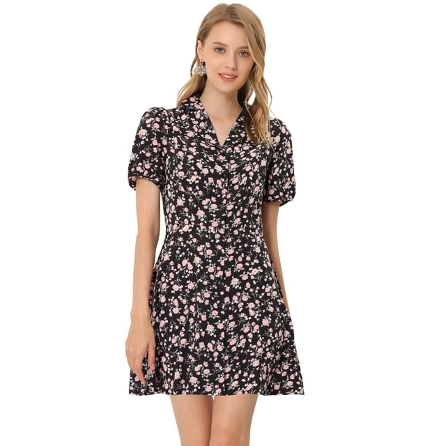 INSPIRE CHIC Robe Trapèze Vintage à Fleurs pour Femme à Manches Courtes, Col de Camp, Boutonnée
