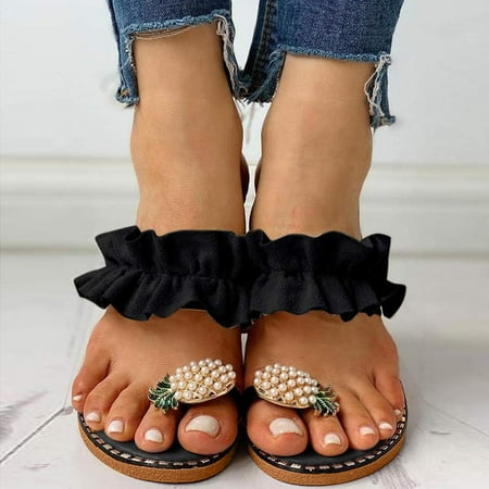 

Fidelma Women s sandals Women s Sandals Pineapple Pearl Rhinestone Flat Slippers Bohemian Pearl Slippers Black-35
