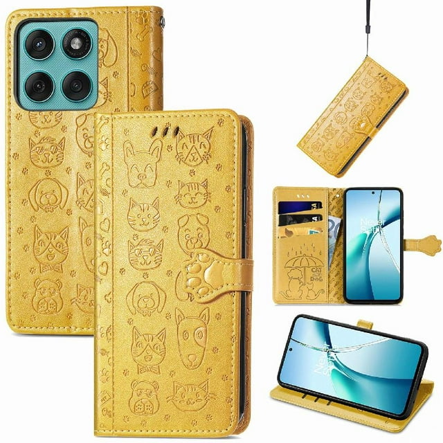 Funda Cartera FOXDOCK para Motorola Edge 60 Fusion , Flip PU con Relieve de Gatos y Perros, Tarjetero y Soporte