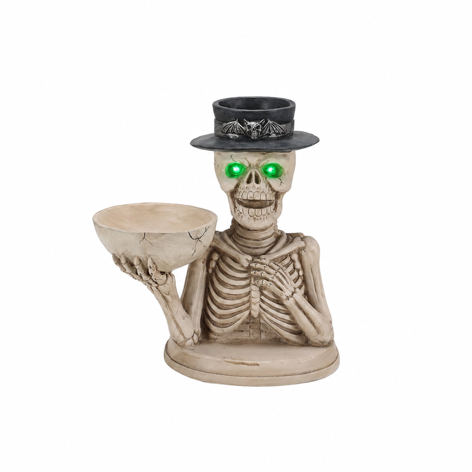 Skeleton Figurine 11.81 Inch, Halloween Storage Bowl and Candle Holder with Glowing Eyes, Spooky Indoor Decor for Home and Party, White and Black