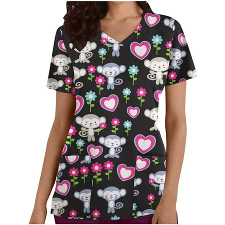 

Womens Scrub Tops Monkey Graphic Short Sleeve Comfort Working Clothing V Neck Work Office Scrub Blouse Tees