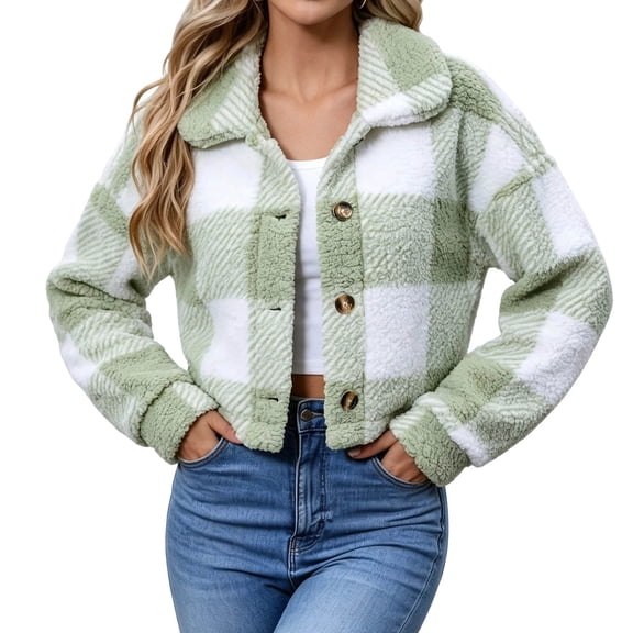 Karymi Plaid Fake Sherpa Fleece Jackets for Women, Lapel Collar Button‑Down Long Sleeve Color Block Checkered Fuzzy Outerwear