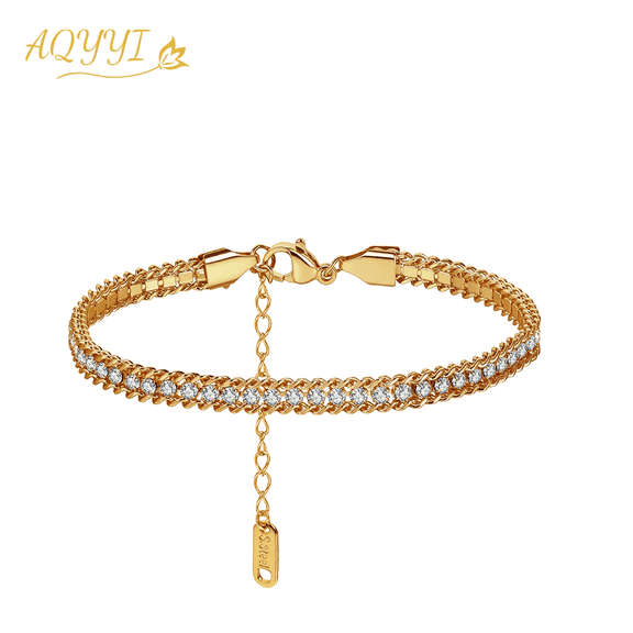 Trendy Delicate Wide Woven Chain Bracelet, 14K Gold Plated Hypoallergenic , Sparkling Cubic Zirconia Row Tennis Bracelet, Elegant Jewelry Gift for Birthday Anniversary Daily Wear