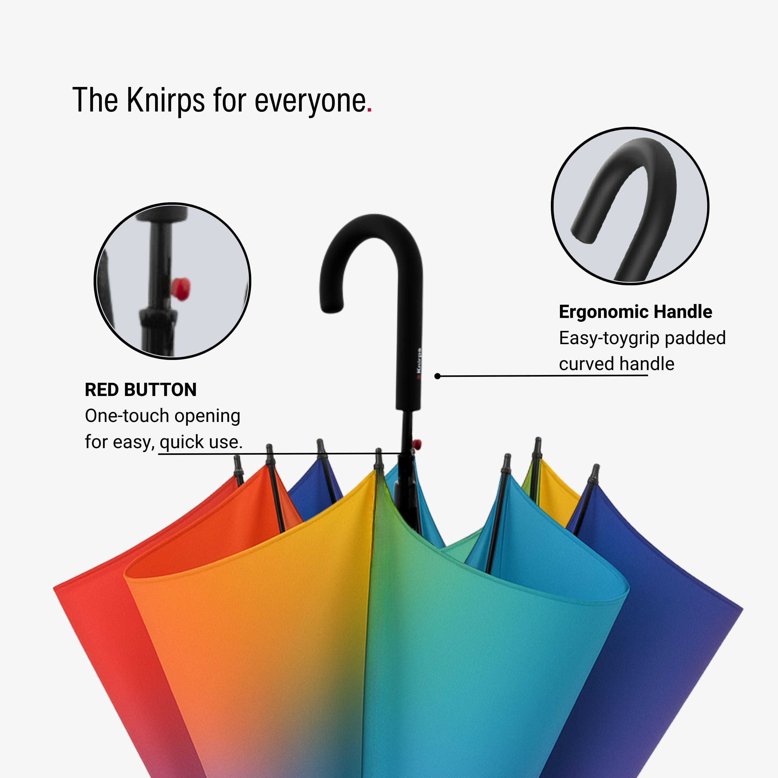Knirps A.760 Curved Handle Rain Umbrella for Adults in Rainbow – 42" Windproof Automatic Open Canopy, Ultra Lightweight Steel Aluminum Frame with Large Button, Rounded Tips, Polyester Case Included