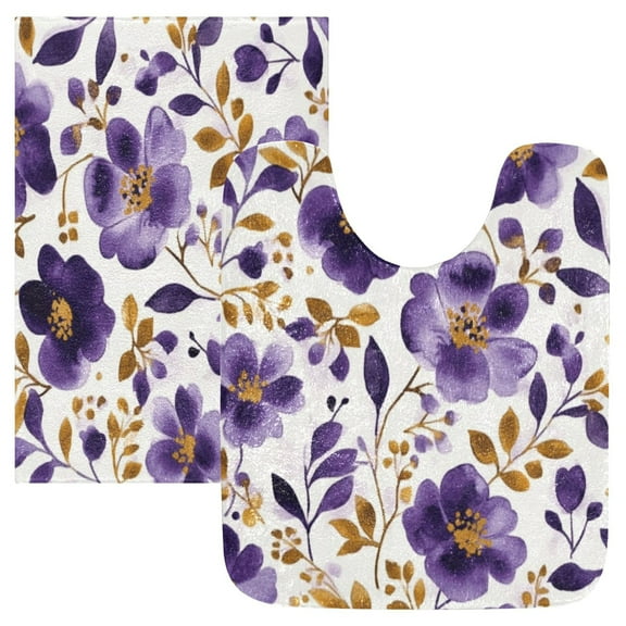2 Piece Soft Bathroom Rug Set Purple and Gold Floral Bath Mat and U-Shaped Toilet Contour Rug (16"x24" 20"x24")