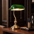 thumbnail image 2 of Lucande 15.4 in Vintage Bankers Desk Lamp, Green Glass Shade, Brass, E26 Classic Retro Library Lamp for Home Office Desk, Small Decorative Green Table Lamp with Pull Chain, Bulb Not Included, 2 of 9