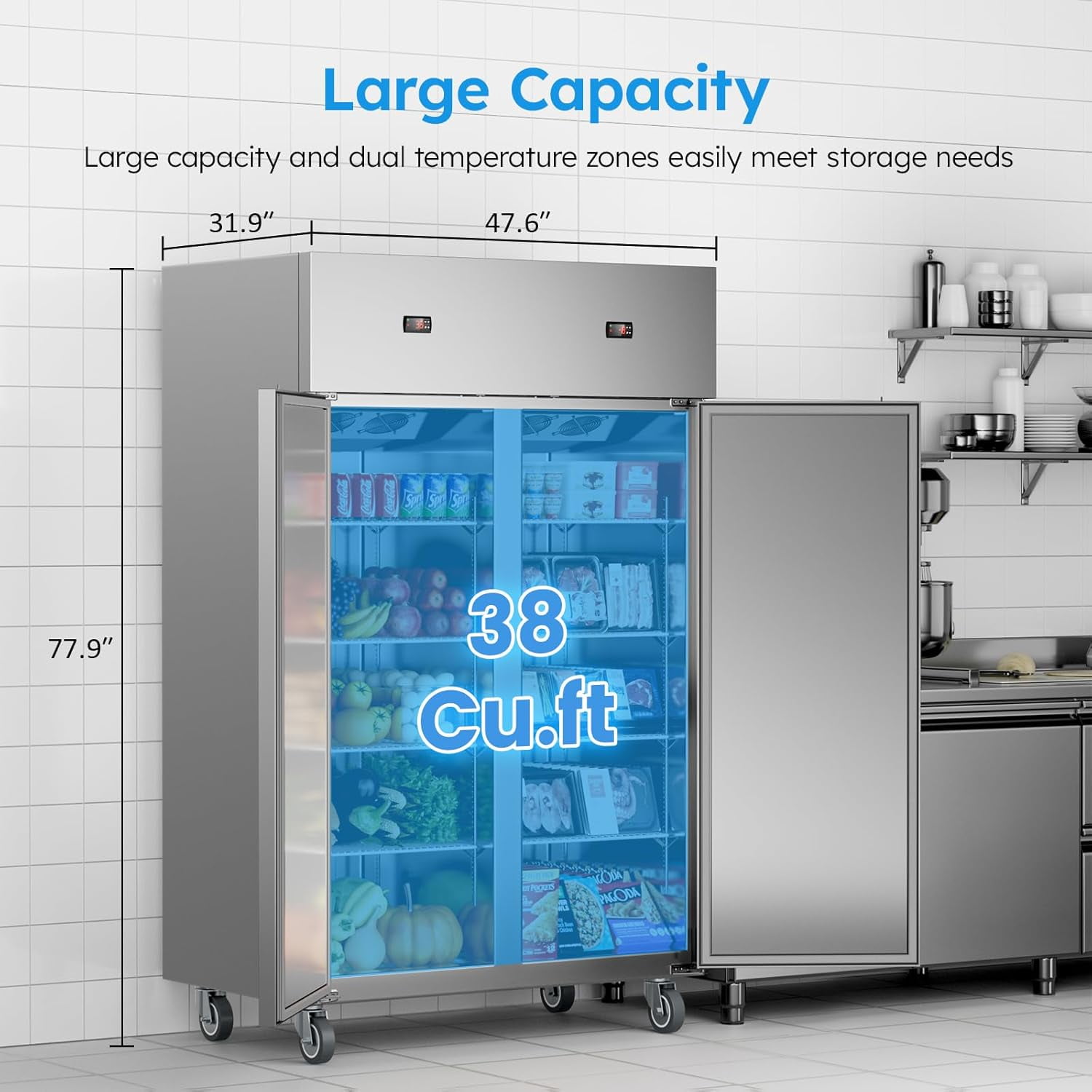 Ecojoy 48" W Commercial Refrigerator Freezer Combo,2 Temperature Zones 38 Cu.ft Industrial Fridge and Freezer Combo,All Stainless Steel Design