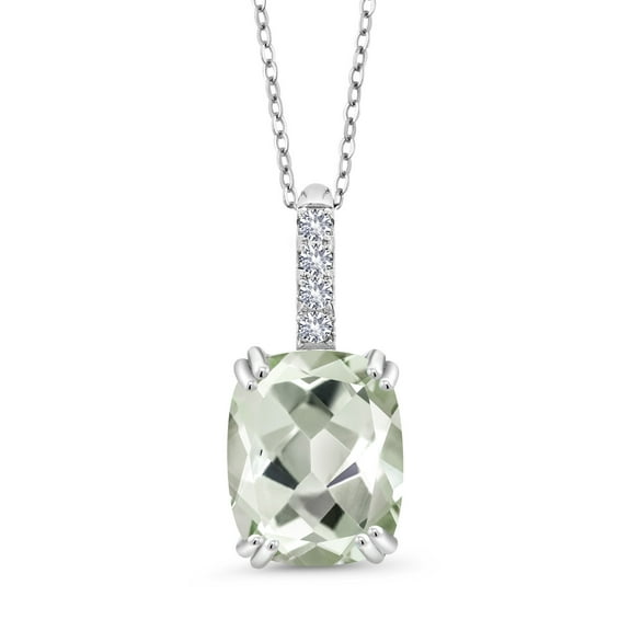 Gem Stone King 2.65 Ct Green Prasiolite White Created Sapphire 925 Sterling Silver Pendant with Chain