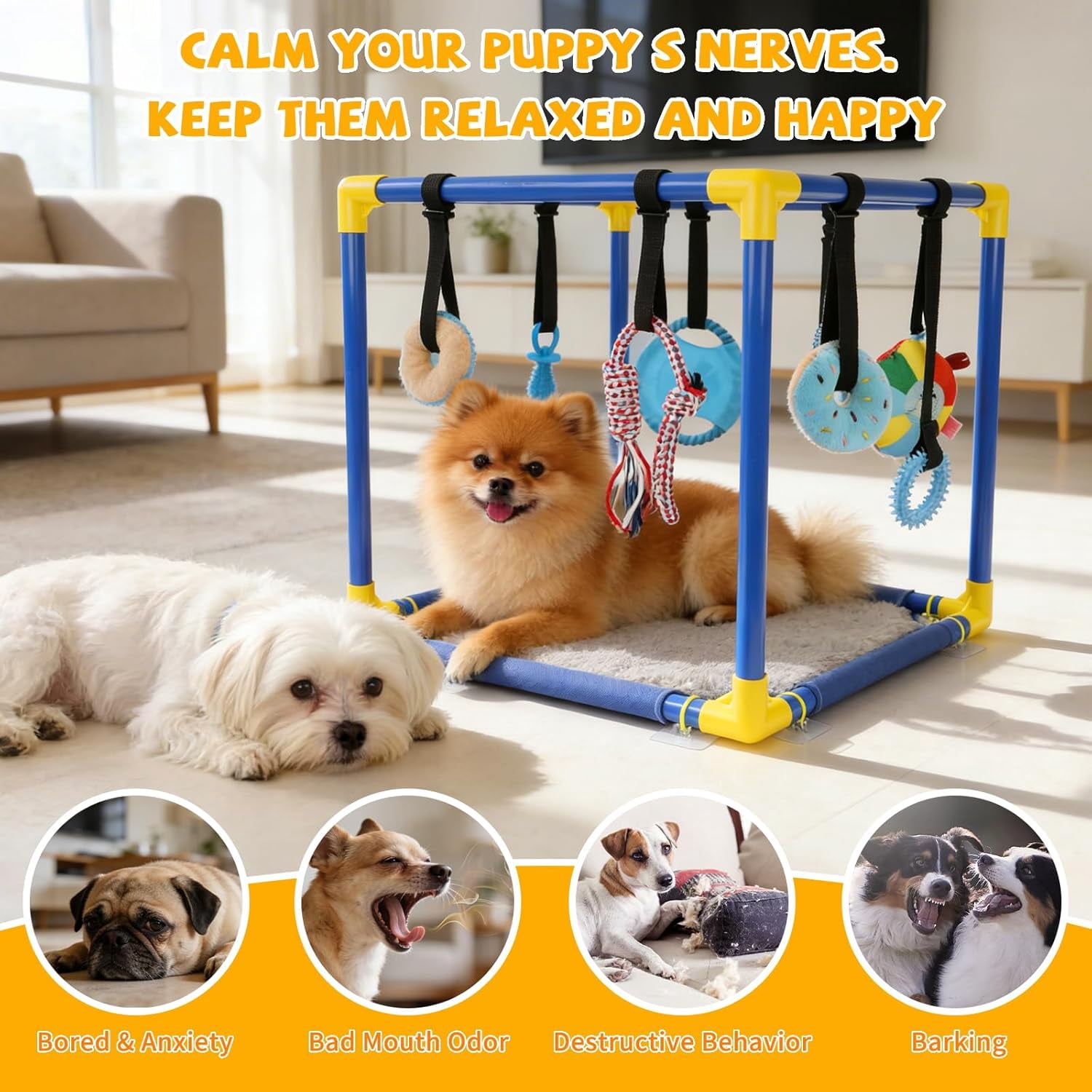 Puppy Play Gym with Hanging Toys, PVC Frame Activity Center for Small Dogs, Kittens and Pets with 8 Enrichment Toys