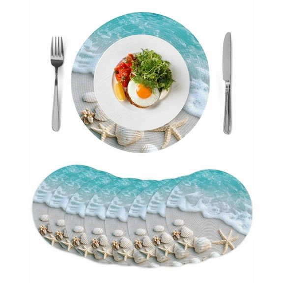 Summer Coastal Round Table Placemats set of 8, Ocean Starfish Beach Shell Washable Woven Place Mats for Dining Tables Kitchen Party Decor,Heat Proof, 15in, Blue White