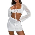 thumbnail image 6 of Douhoow Women 2 Pieces Beachwear Long Sleeve Tie-Up Front Knitted Cover Ups Sarongs Mini Skirts Set, 6 of 7