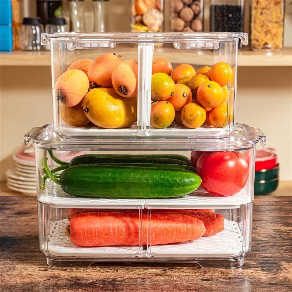Fridge Produce Saver Storage Vegetable Fruit Containers Food Produce Saver Container Stackable Refrigerator Organizer Bins Fresh Keeper Drawers Organizer, Set of 4