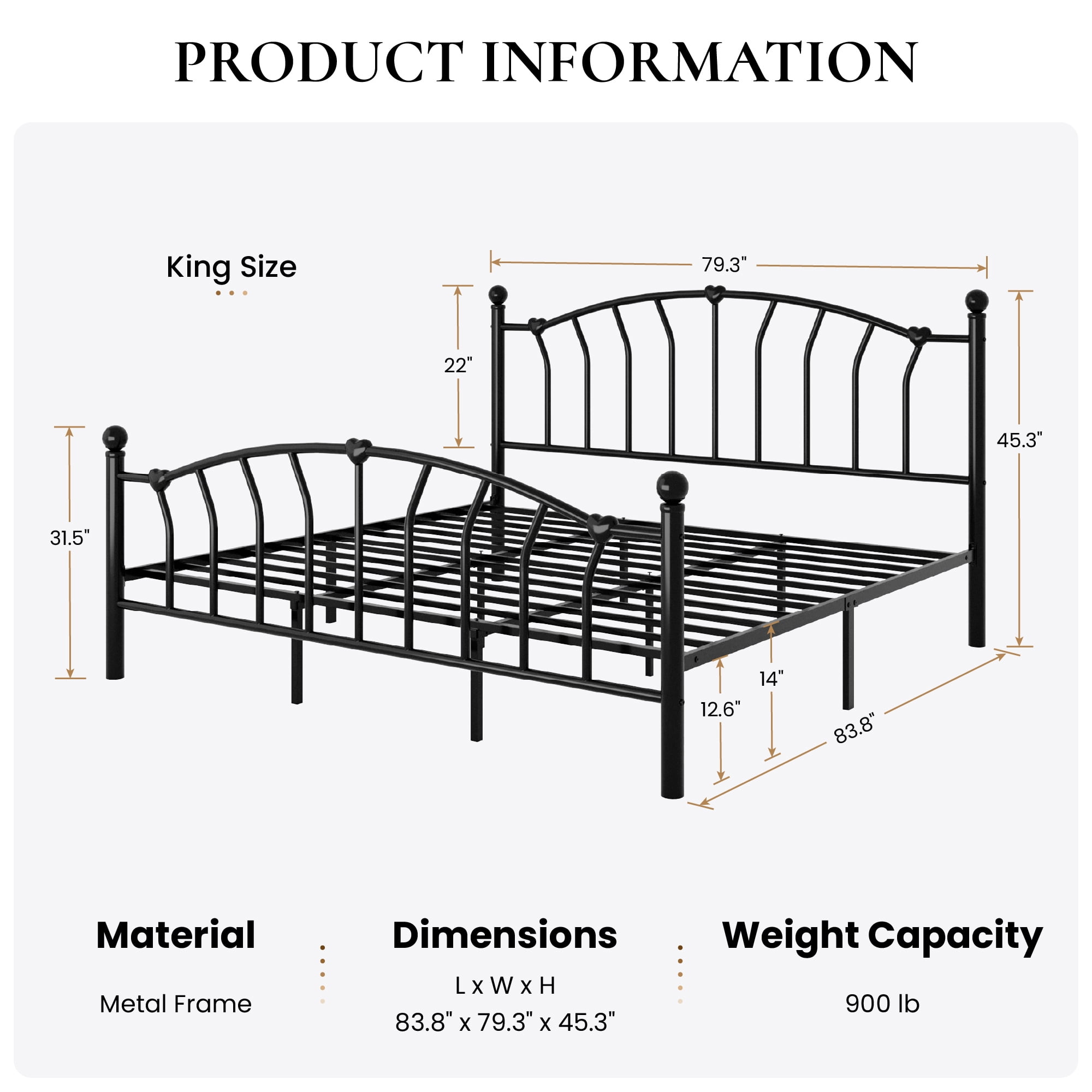 SHA CERLIN 14 Inch King Size Metal Platform Bed Frame with Heart Shaped Iron-Art Headboard/Footboard, Under Bed Storage, Noise Free Mattress Foundation, Easy Assembly, Black