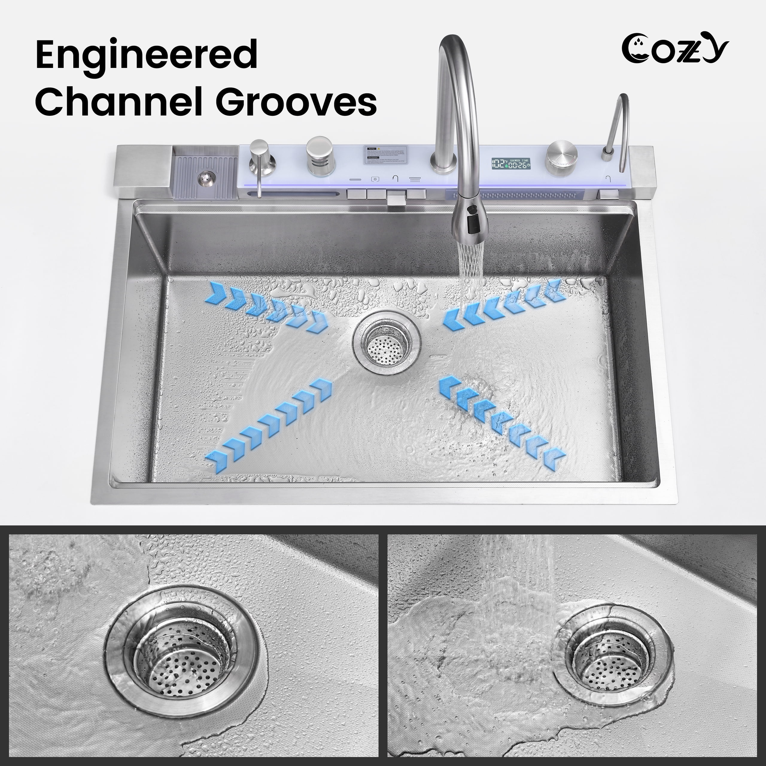 COZY Kitchen Sink Whale Digital Waterfall Sink, Flying rain Waterfall Kitchen Sink with Pull Down Sprayhead Faucet and Pressurized Cup Washer, 33"×22″ Stainless Steel Single Bowl Sink, SS-BR10-332212