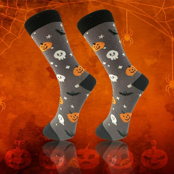 GILIGEGE Halloween Crew Socks Funny Knitted Sock Soft Warm Stockings Halloween Decor Gifts for Women And Men,Crazy Novelty Dress Socks,Spooky Horror Pumpkin Socks for Halloween Party Costume Grey