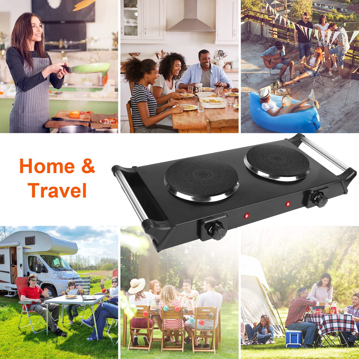 2000W Dual Burner Electric Hot Plate 21.26in 5Temperature Levels 392-932F 110V Black Quick Iron Portable Countertop Stove Coil Heating Flat Cookware Compatible Dorms RVs Apartment Easy Clean Cooking