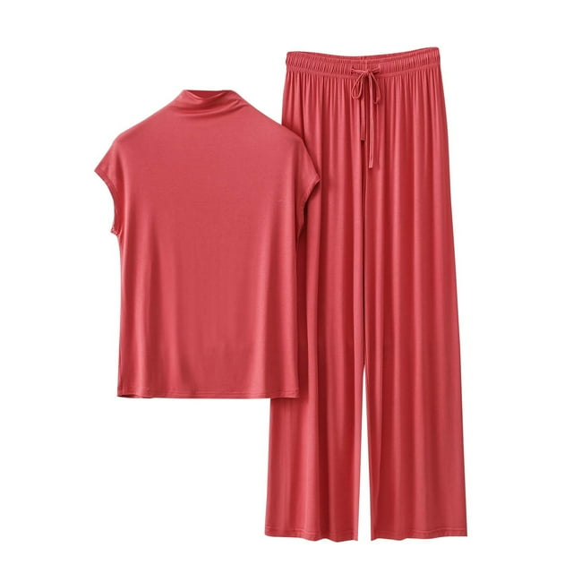 yoeyez Ensembles de Détente pour Femmes Pyjamas en Modal à Manches Courtes 2 Pcs Hauts à Col Montant à Enfiler et Pantalons à Jambes Larges Ensembles de Détente Pjs Rouge,2TG