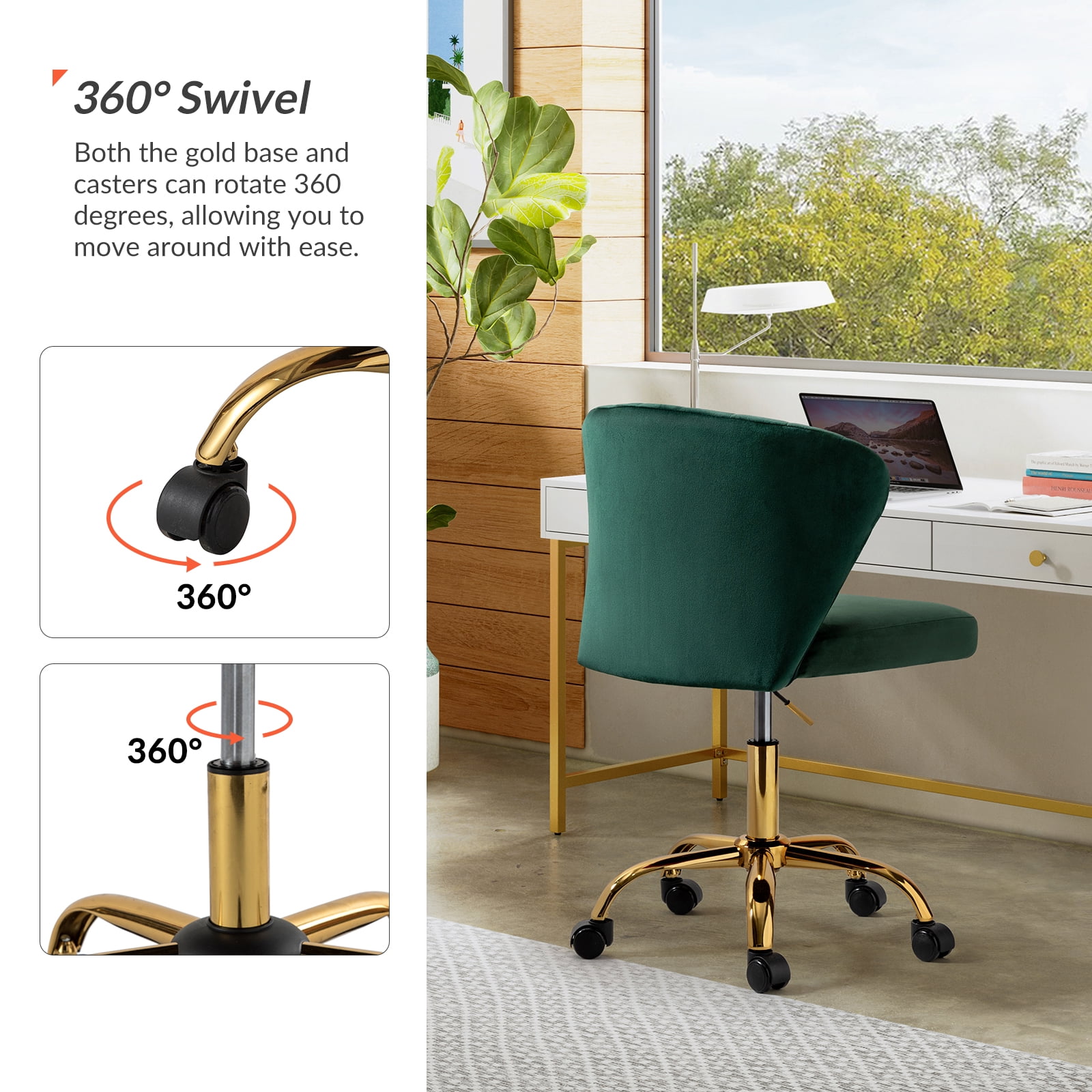 Velvet Swivel Task Office Chair, Tina's Home Adjustable Rolling Tufted Back Metal Leg Teen Green