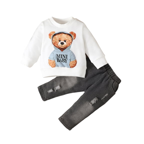 Michellecmm Baby 2 Piece Outfit Bear Print Sweatshirt and Ripped Denim Pants