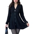 thumbnail image 2 of Women'S Sweater Dress Button V-Neck Long Sleeve Knit A-Line Mini Dress Black M, 2 of 9