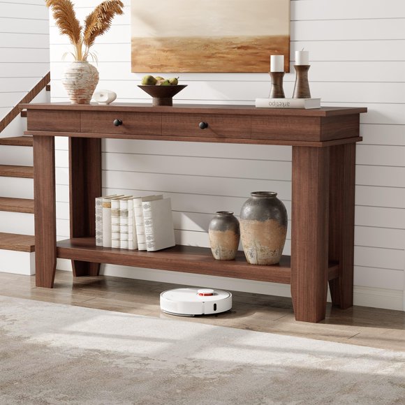 BeesClover 54Inch Entryway Long Console Table with Drawers, Wooden Rectangular Entryway Table w/Open Storage Shelf, Sofa Table Behind Couch, Farmhouse Entry Foyer Table for Hallway, Living Room