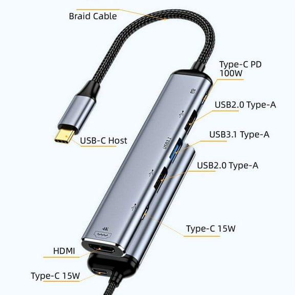 FVH USB-C Type C to HDMI 4K Dual USB 3.0 HUB Converter HDTV Multiport Adapter 60hz with Female 100W PD Power Port