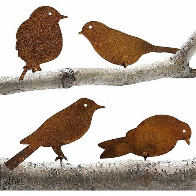 Adorno decorativo para jardín con efecto óxido, 4 pájaros de metal con tornillos, silueta de pájaro para decoración de jardín, adorno de metal para jardín con pátina de efecto óxido, adorno