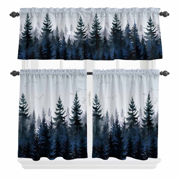 3 Piece Kitchen Curtains and Valances Set Forest Cafe Curtains 36 Inch Length Dark Blue Fall Bird Vintage Farmhouse Tree Valance & Tier Curtain for Living Room Bedroom Small Window 54"x18" 27"x36"*2