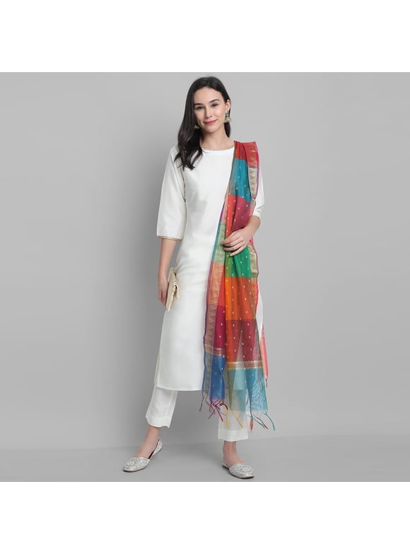 Janasya Women's Cotton White Tie & Dye Kurta Set - Embroidered A-Line Kurta With Narrow Pants, Casual Indian Wear