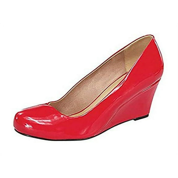 Forever Doris-22 Low Wedge Classic Pumps Slip On Rounded Toe RED Patent Shoes (6)
