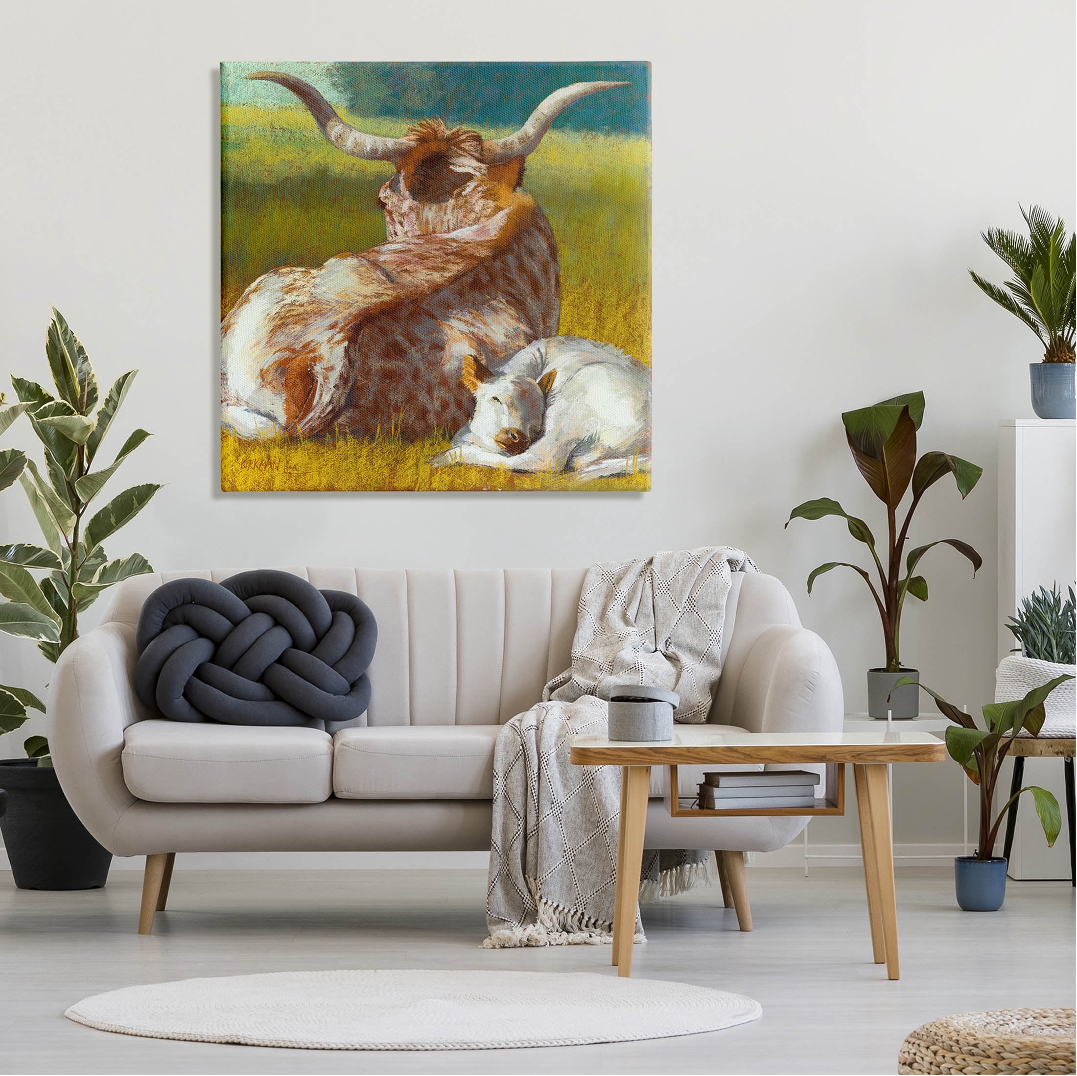 Longhorn Cattle Calf Resting Animals & Insects Painting Gallery Wrapped Canvas Print Wall Art