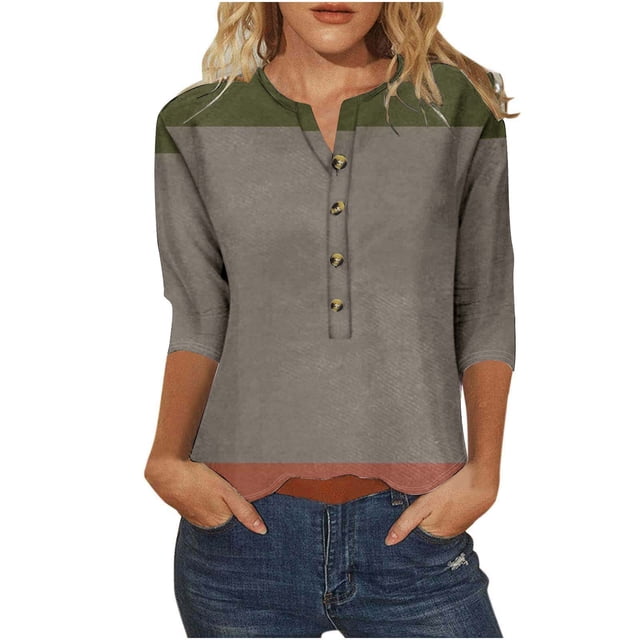 Timegard Top for Women Drop Shoulder 3/4 Sleeve Notched V Neck Color Block Comfy Casual Loose Tee Blouse