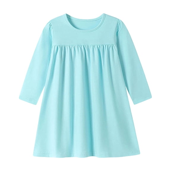 WOYY Girls Casual Long Sleeve Dress Fall Solid Round Neck Soft A Line Dress, Sizes 2-8