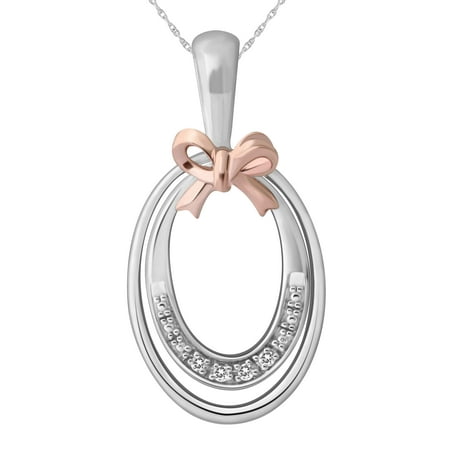 Diamond Double Oval Ribbon Wrapped Pendant in Sterling Silver and 14 Karat Rose Gold