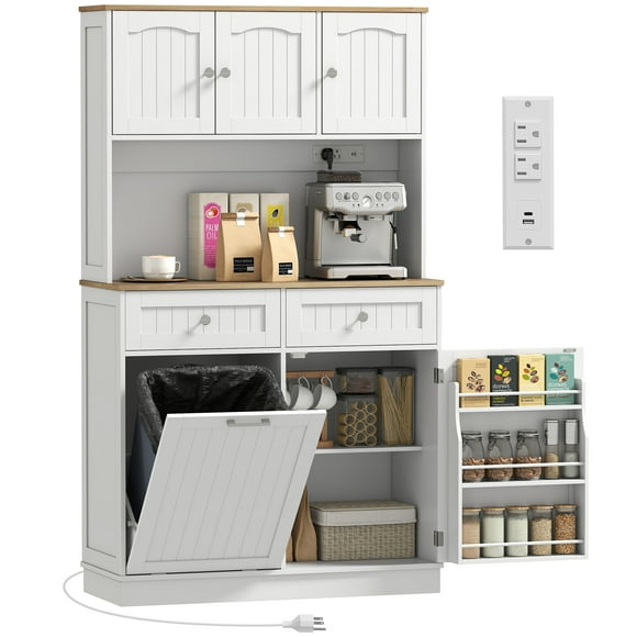 HOMCOM 68" Pantry Cabinet, Kitchen Cabinet with Charging Station, White