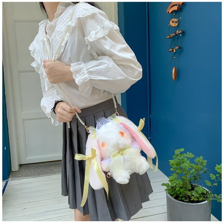 Huntermoon Lolita Rabbit Cute Shoulder Messenger Bag Japanese JK Style Girl Heart Cute Doll Plush Bag, Kids Unisex, Size: Pearl Belt, Pink