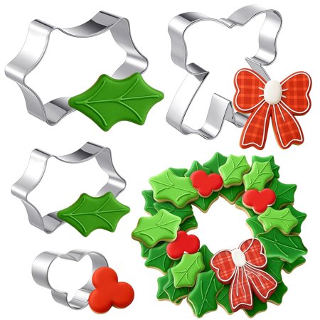 Christmas Wreath Platter Cookie Cutters Stainless Steel Christmas Centerpiece Berry Leaf and Bow Tie Biscuit Cutters