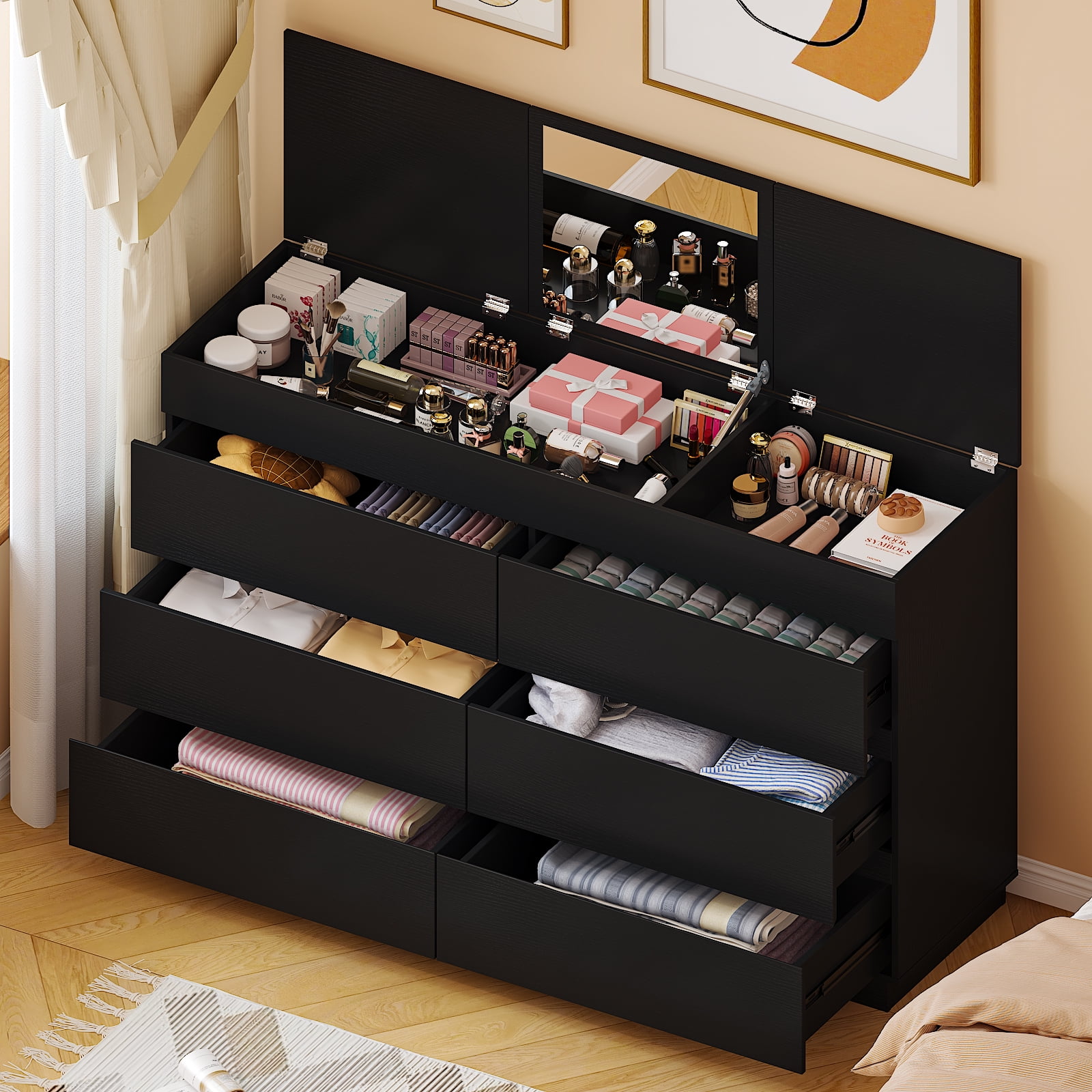Ktaxon 6 Drawer Double Dresser with Mirrow Wood Dresser Storage