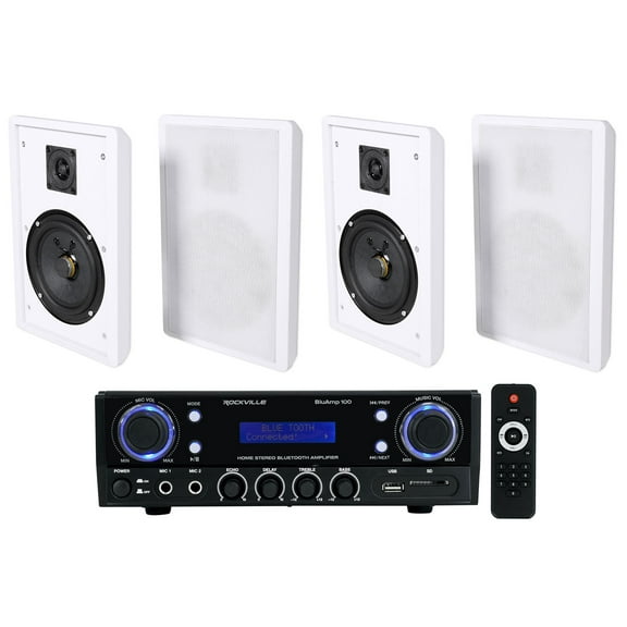Rockville BLUAMP 100 Home Stereo Receiver Amplifier 4) White Wall Mount Speakers