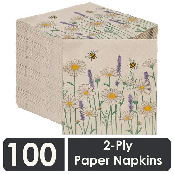 Table Kind 100 x Soft Recycled Floral Napkins Wildflower Napkins for Decoupage Daisy Bee Pretty Disposable Party Serviettes for Spring Weddings, Tea Parties, Birthday, Eco-Friendly, Compostable