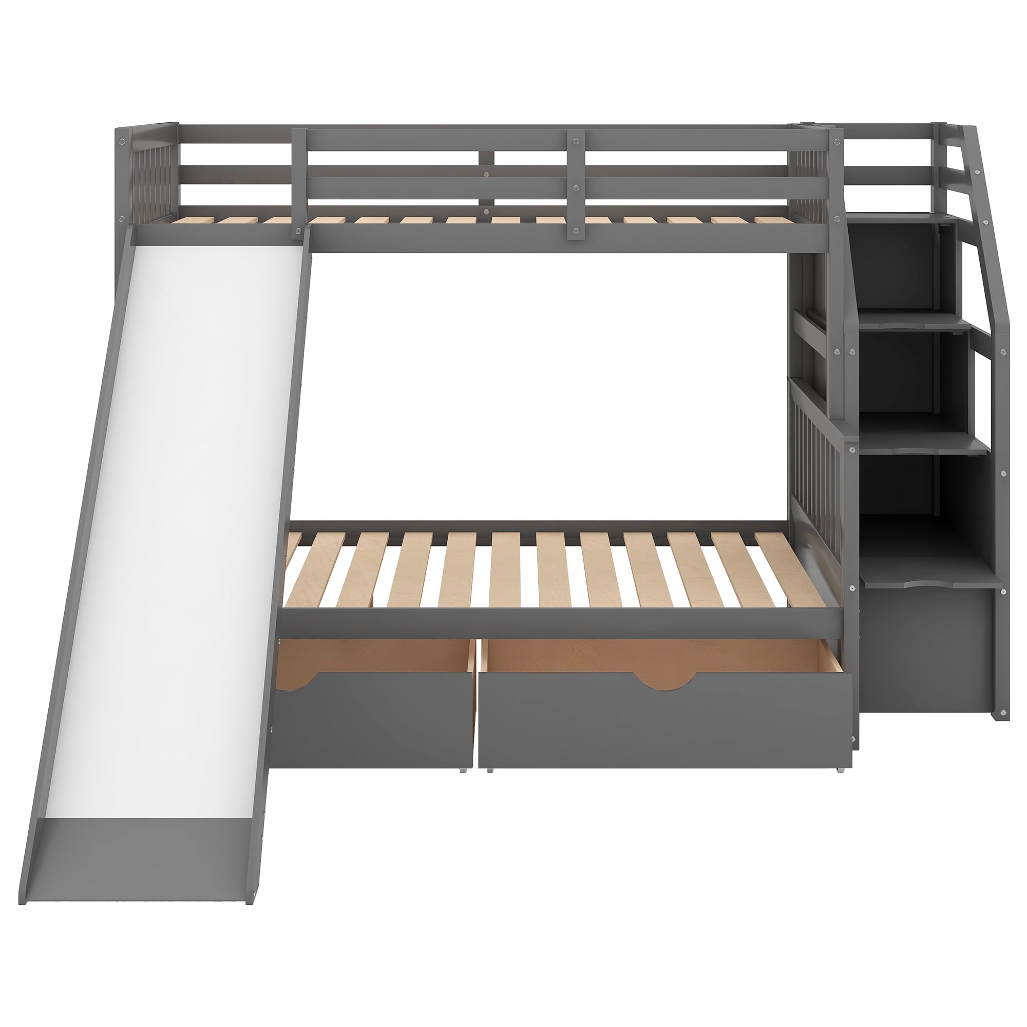 Euroco Wood Twin over Full Bunk with Drawers and Slide, Storage Staircase for Kids Teen Adults, Gray