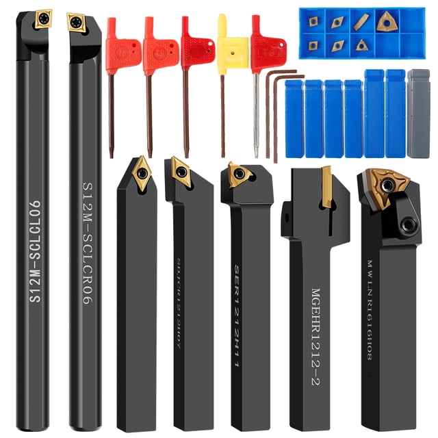 Herramienta de torneado de torno de 21 piezas Juego de portaherramientas de torneado de carburo profesional Soporte de herramientas de torno de metal resistente con inserciones de torneado de llave pa