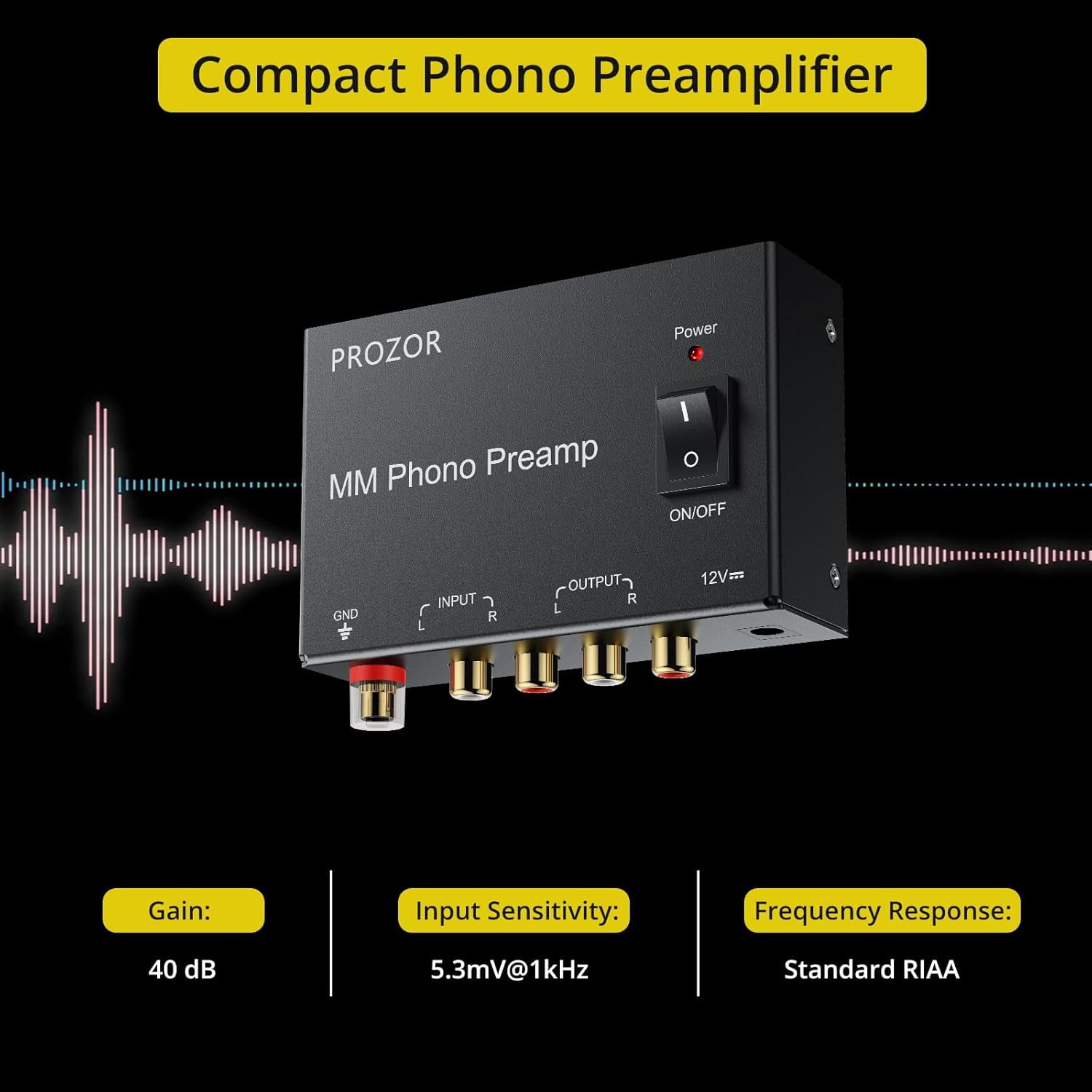 PROZOR MM Phono Turntable preamp - Mini Stereo Audio Low Noise Phono preamplifier with Power Switch, RCA Input, RCA Output, DC 12V Amp Certified Power Adapter Gold-Plated Connectors, Black