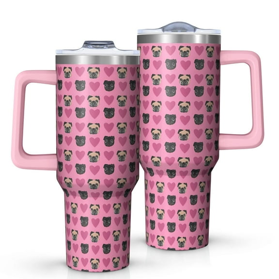 OBREWU Pink Pug Puppies Tumbler with Handle and Lid,Pink Pug Puppies 40oz Double Wall Vacuum Insulated Tumbler,Cups Gift for Women and Men