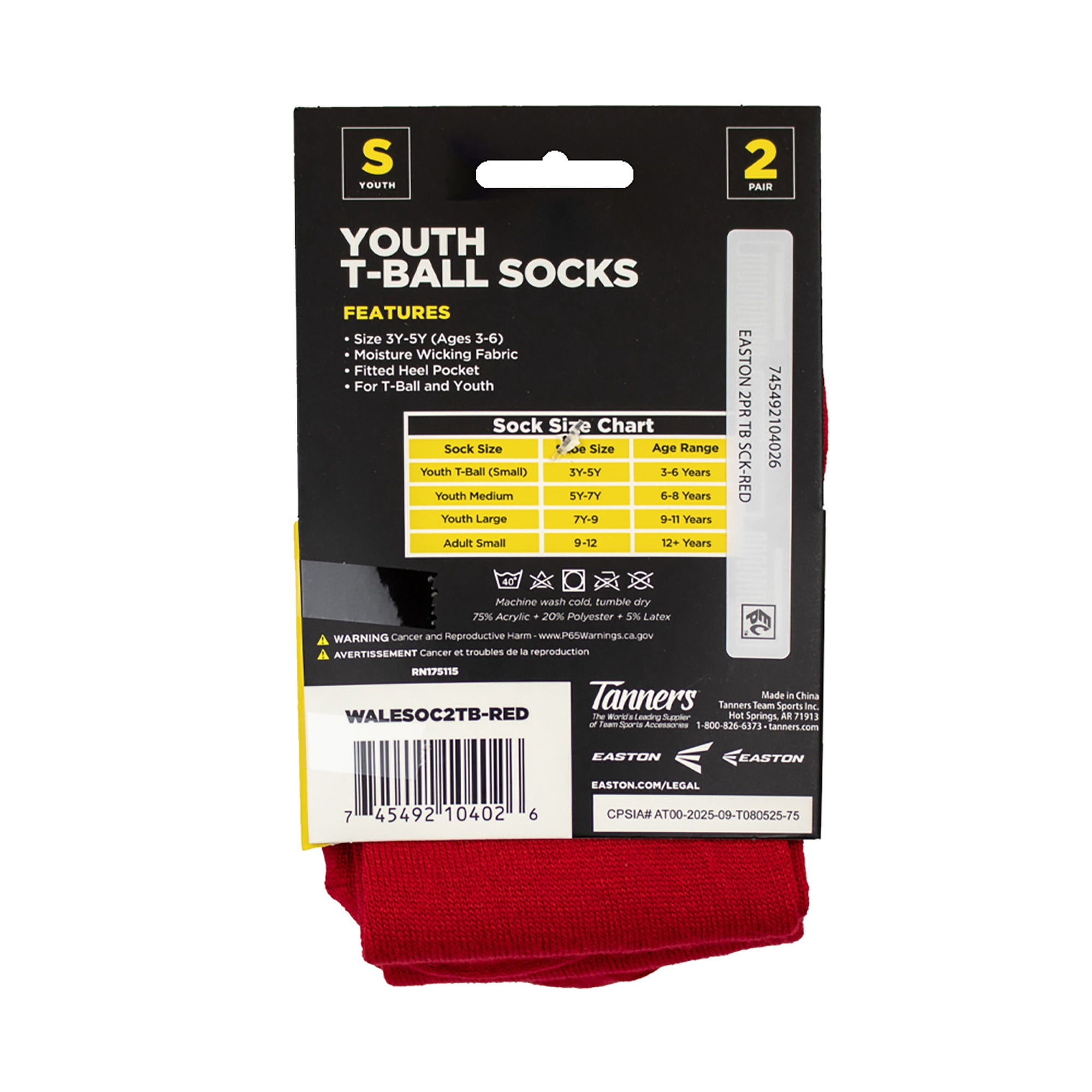 Easton Youth Baseball Socks, 2 Pair (T-Ball/Red)