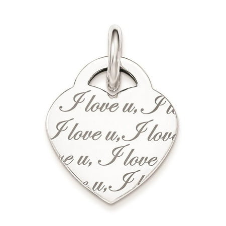 925 Sterling Silver Polished 'I Love U' Engraved Heart Charm Pendant