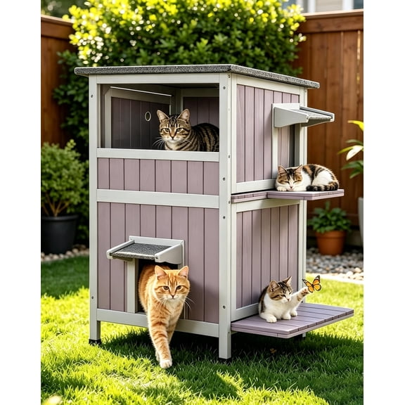 MEDEHOO 2-Story Cat House for Outdoor Cats - Solid Wood Kitty Condo | Solid wood with weatherproof asphalt roof&removable floors Escape door easy-clean side access for indoor