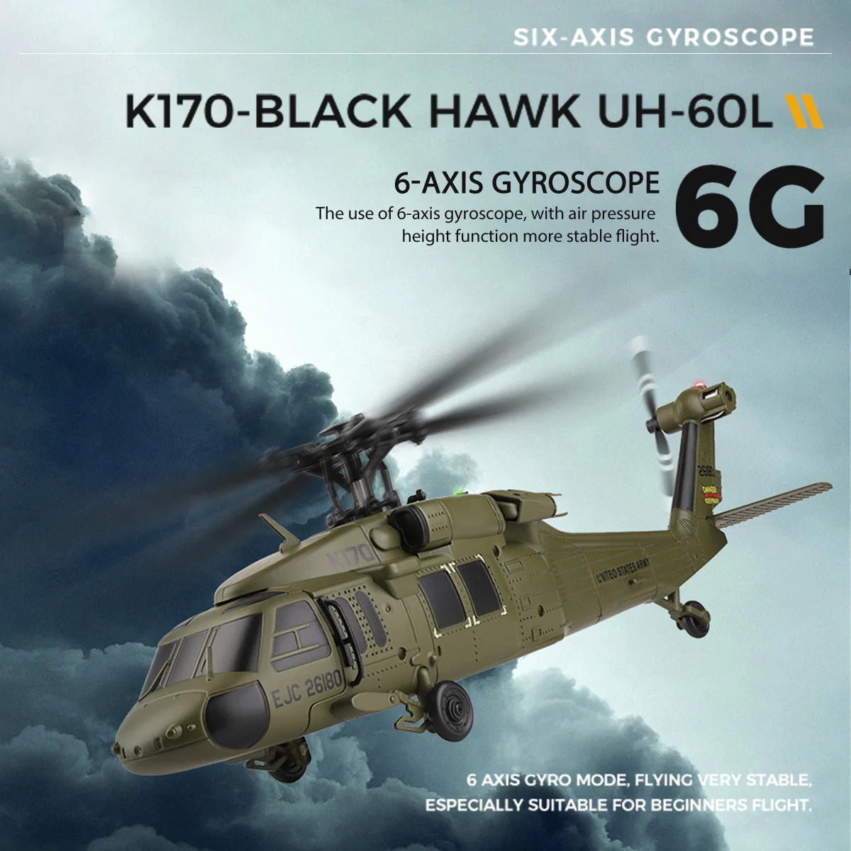 WL K170 RC Helicopter, 1:28 Scale BK Hawk UH-60L 4CH Flybarless Remote Control Helicopter Model with Brushless Motor & Altitude Hold , for Adults & Beginners
