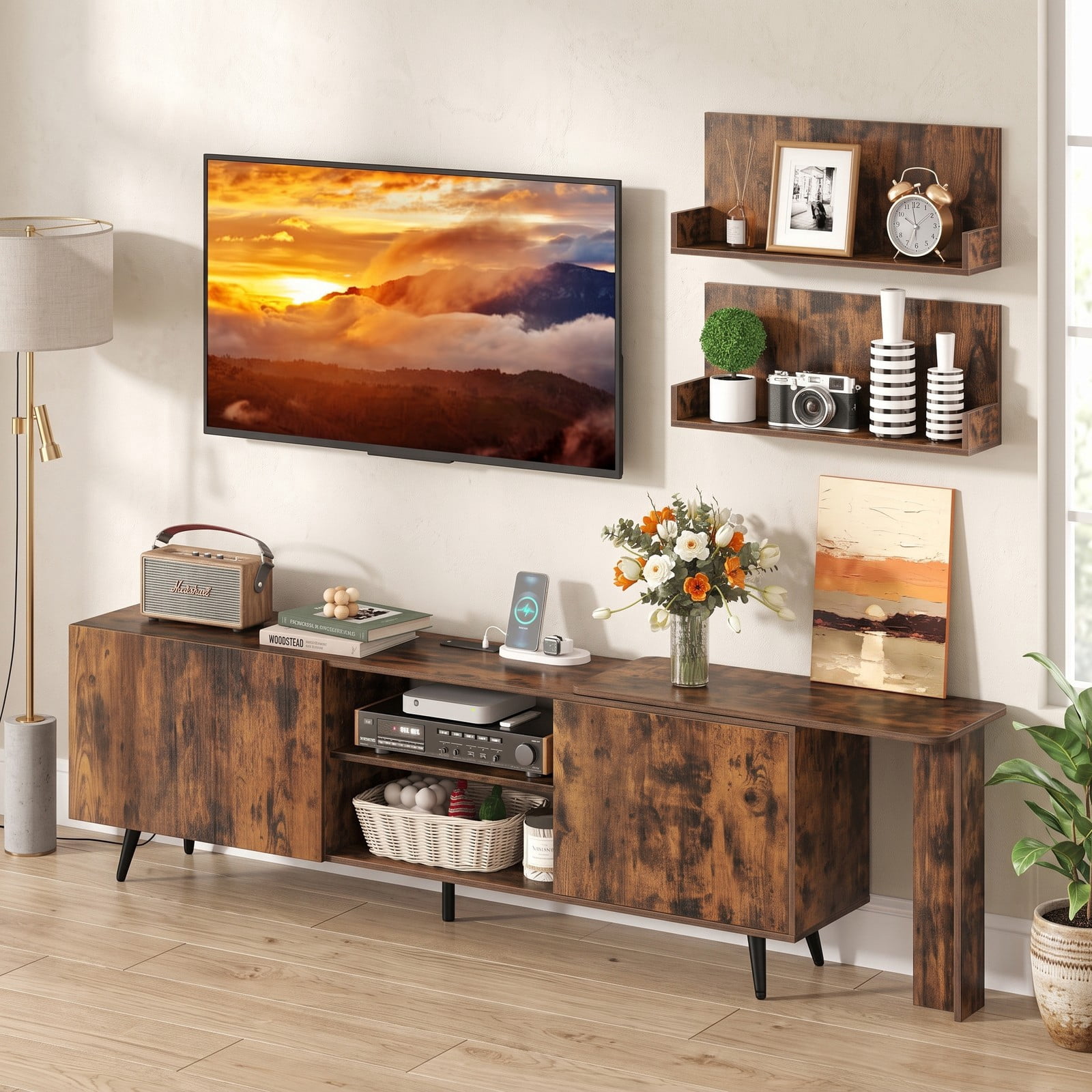 Furnibear TV Stand for TVs up to 85 Inch with Charging Station, Wood Entertainment Center Media Console with 2 Cabinets and 2 Wall Shelves for Living Room, Rustic Brown